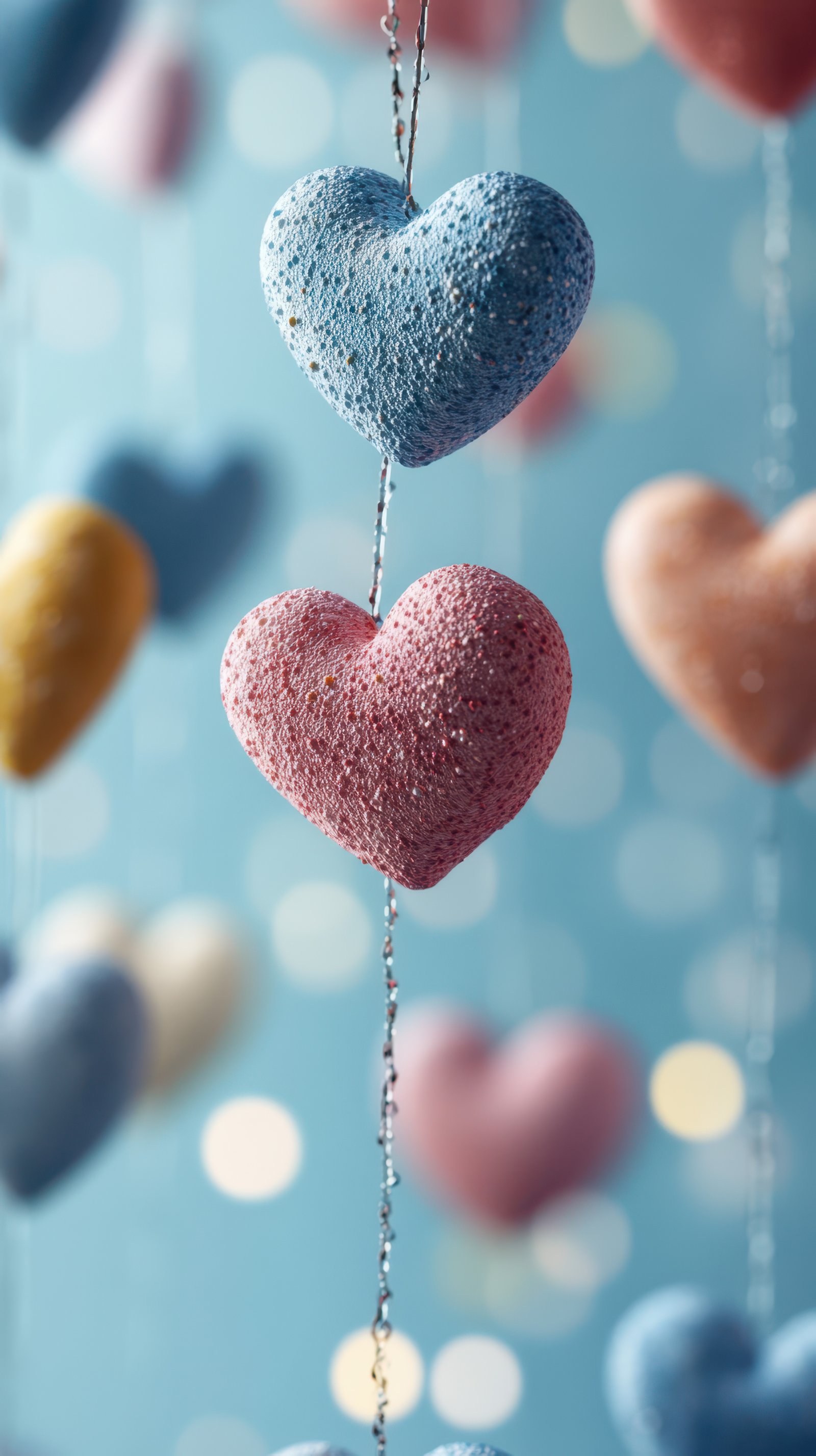 Colorful hearts hanging on a string creating a festive atmosphere in a bright setting